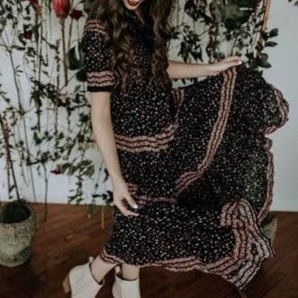Free People Rare Feelings Black Floral Maxi Dress - Medium